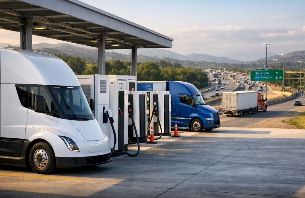 Elektriniai sunkvežimiai įkraunami greitojo įkrovimo stotelėje šalia greitkelio