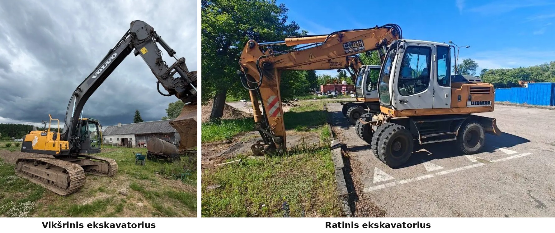 Vikšrinis ekskavatorius ir ratinis ekskavatorius statybvietėje