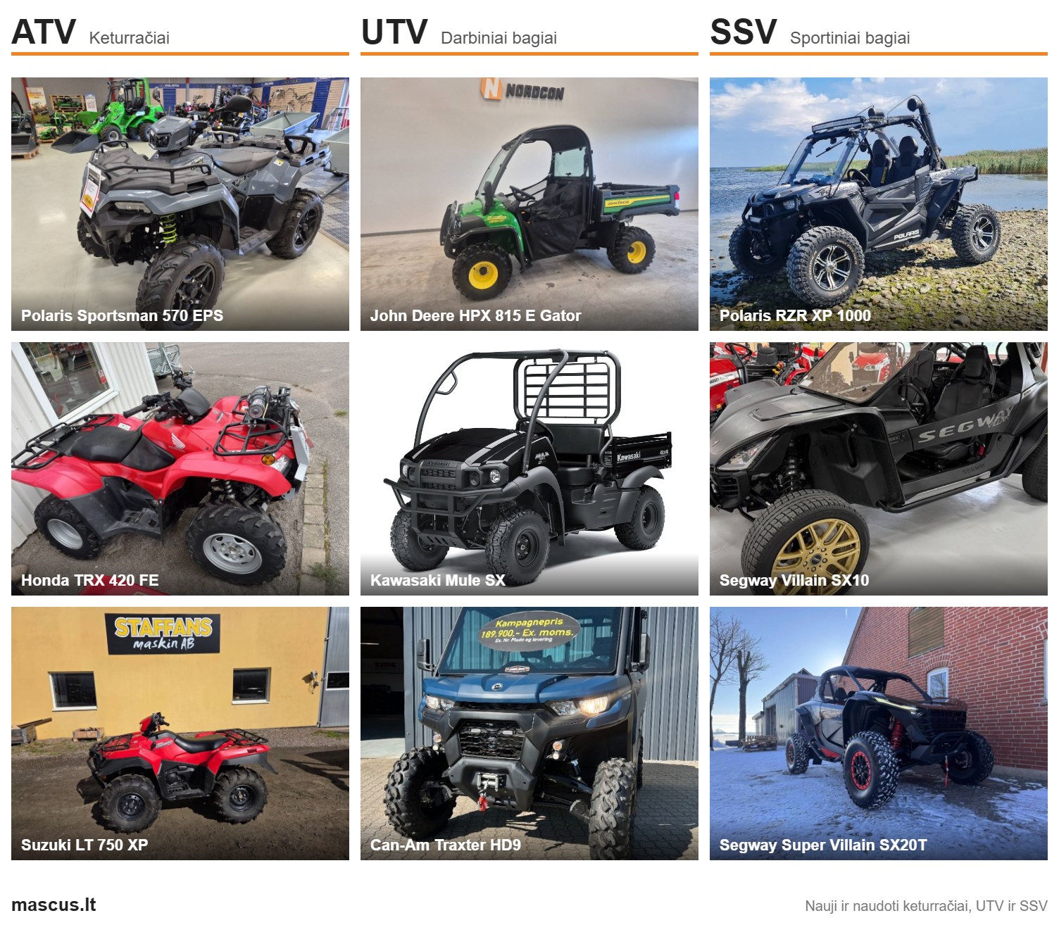 ATV, UTV ir SSV keturračių palyginimas: Polaris, Honda, Suzuki, John Deere, Kawasaki, Can-Am ir Segway modeliai